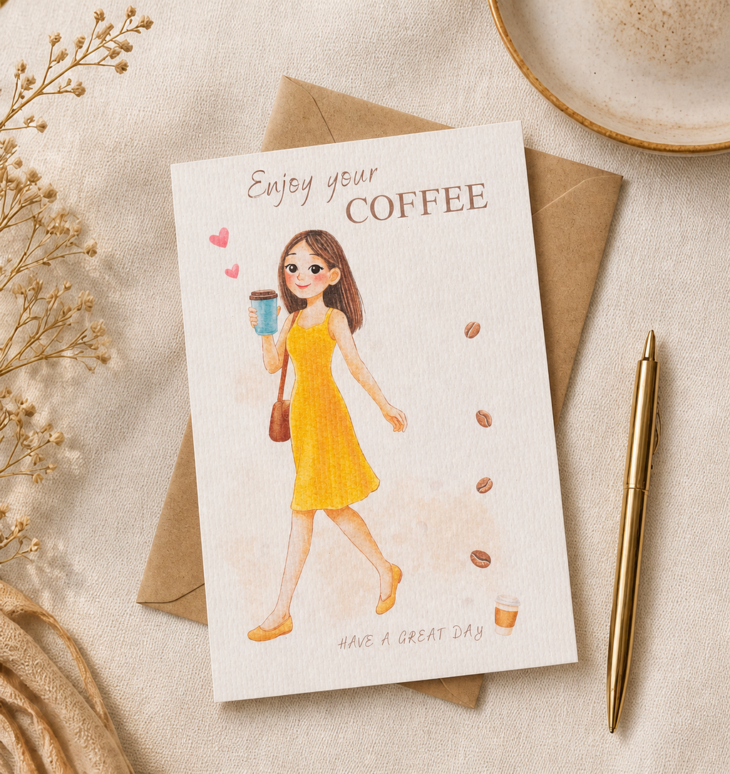Greeting card, coffee girl