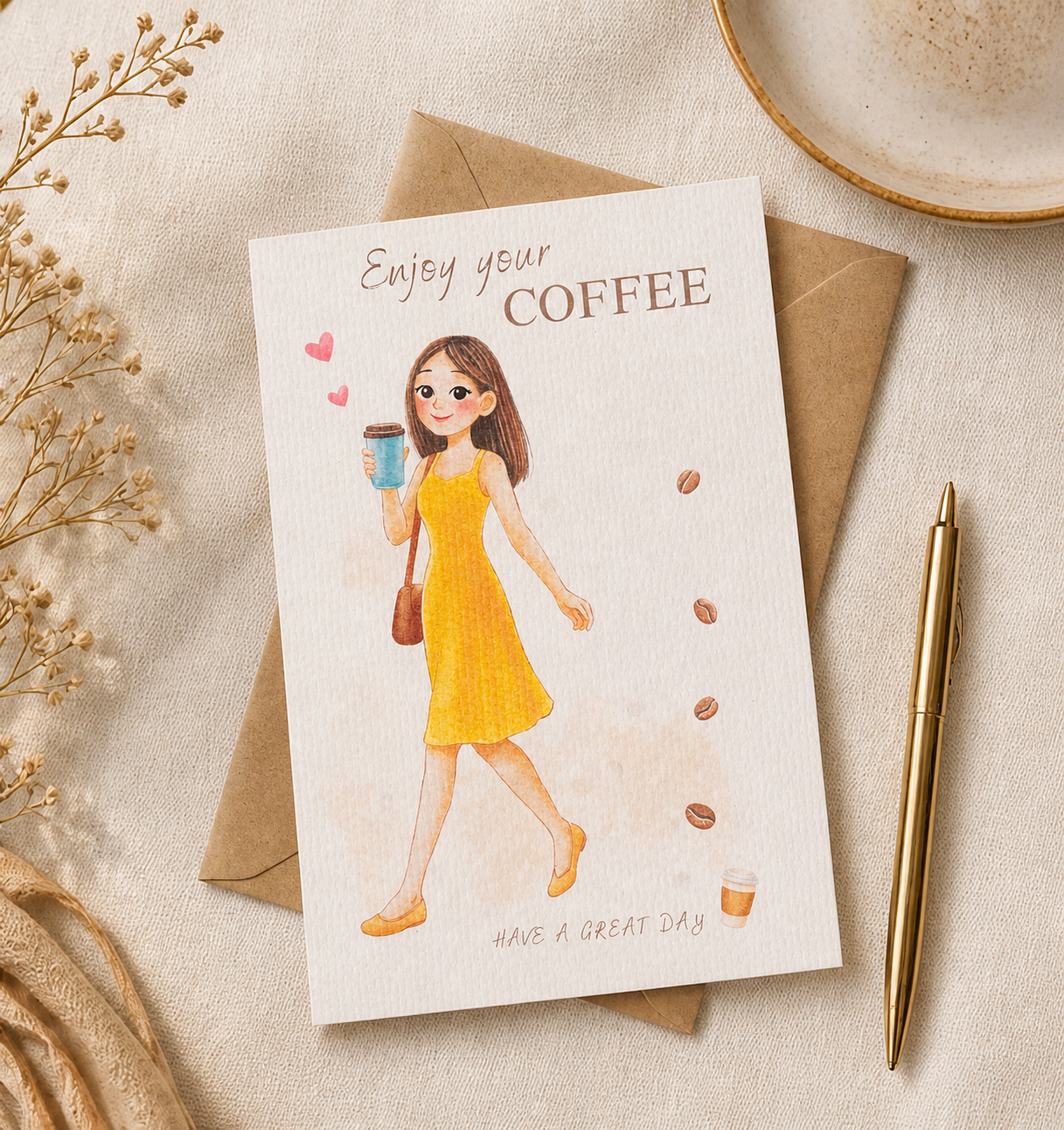 Greeting card, coffee girl