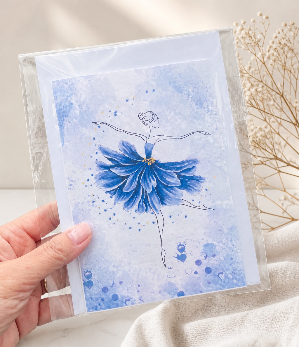 Printed greeting card Ballerina dancing flowers size 4.5x6.5”