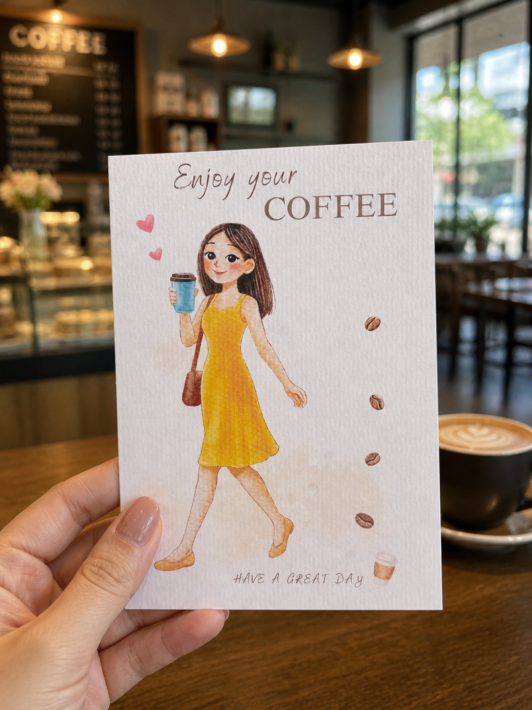 Greeting card, coffee girl