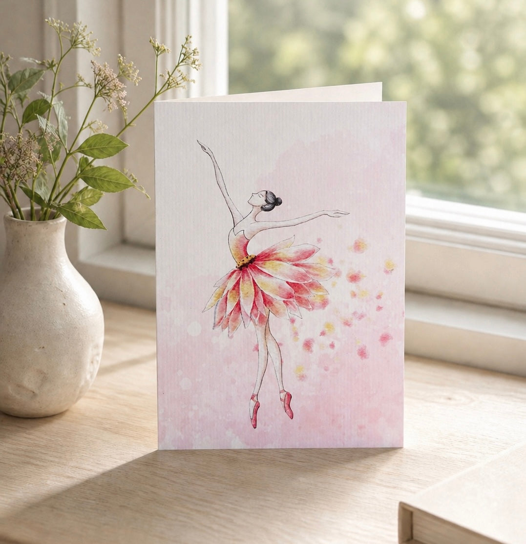 Printed Greeting card, ballerina dancing flowers