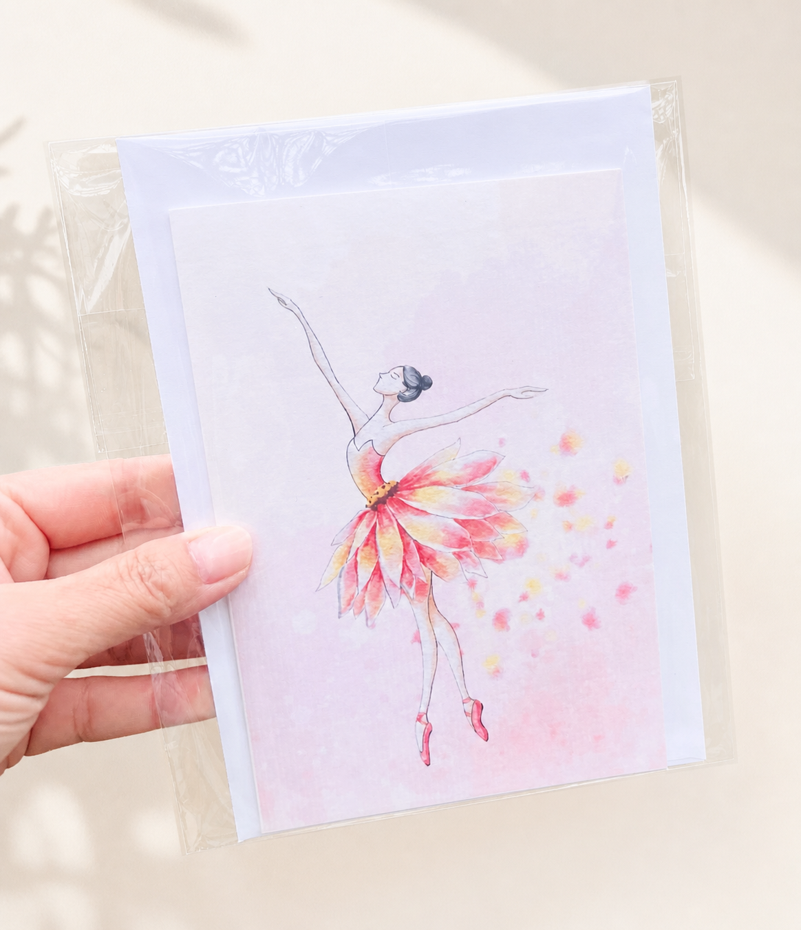 Printed Greeting card, ballerina dancing flowers