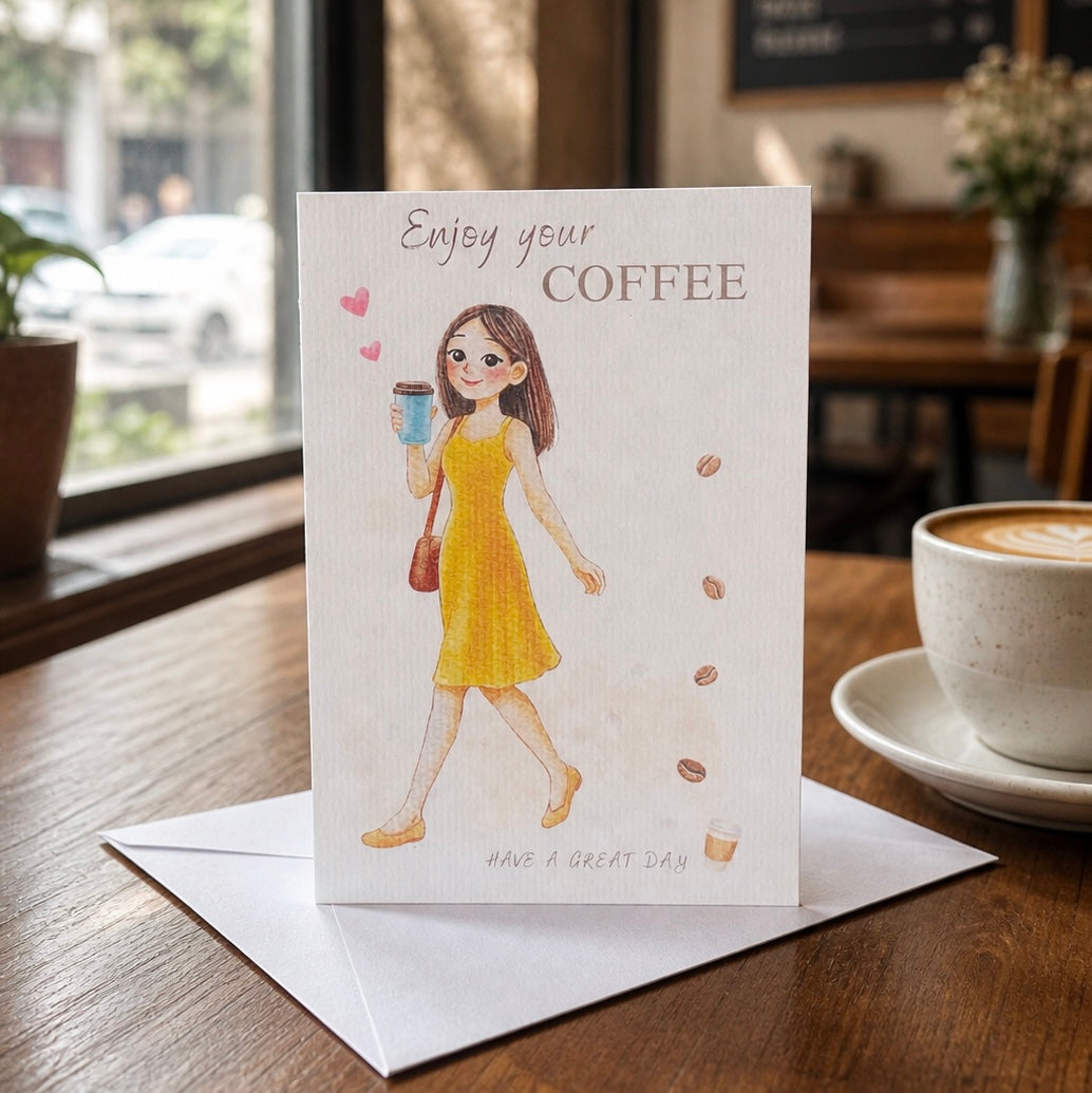 Greeting card, coffee girl